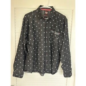 Retro Stitch Mens Skull Print Button Down Shirt Charcoal Grey Long Sleeve Large